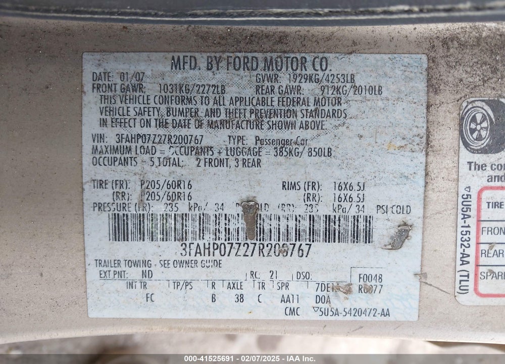 2007 FORD FUSION SE VIN: 3FAHP07Z27R200767
