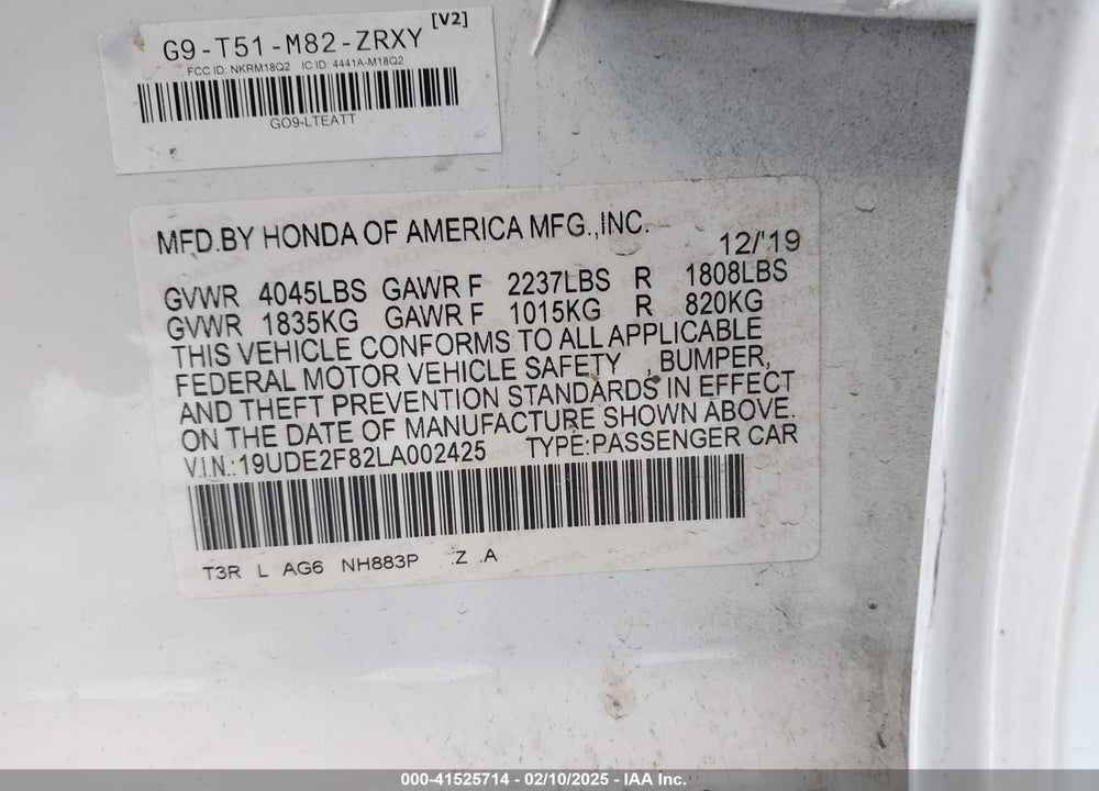 2020 ACURA ILX VIN: 19UDE2F82LA002425