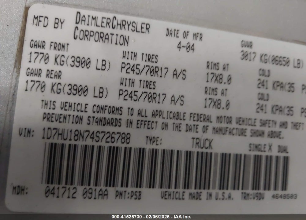 2004 DODGE RAM 1500 SLT/LARAMIE VIN: 1D7HU18N74S726788