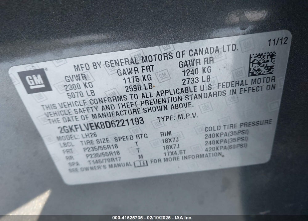 2013 GMC TERRAIN VIN: 2GKFLVEK8D6221193