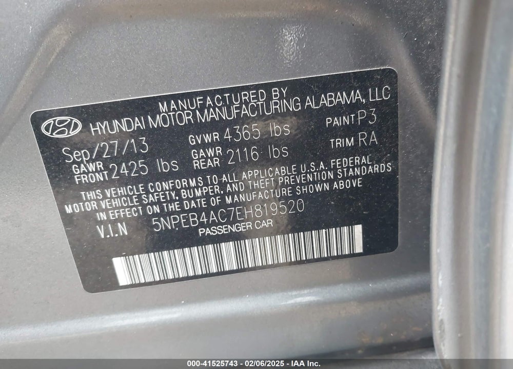 2014 HYUNDAI SONATA VIN: 5NPEB4AC7EH819520