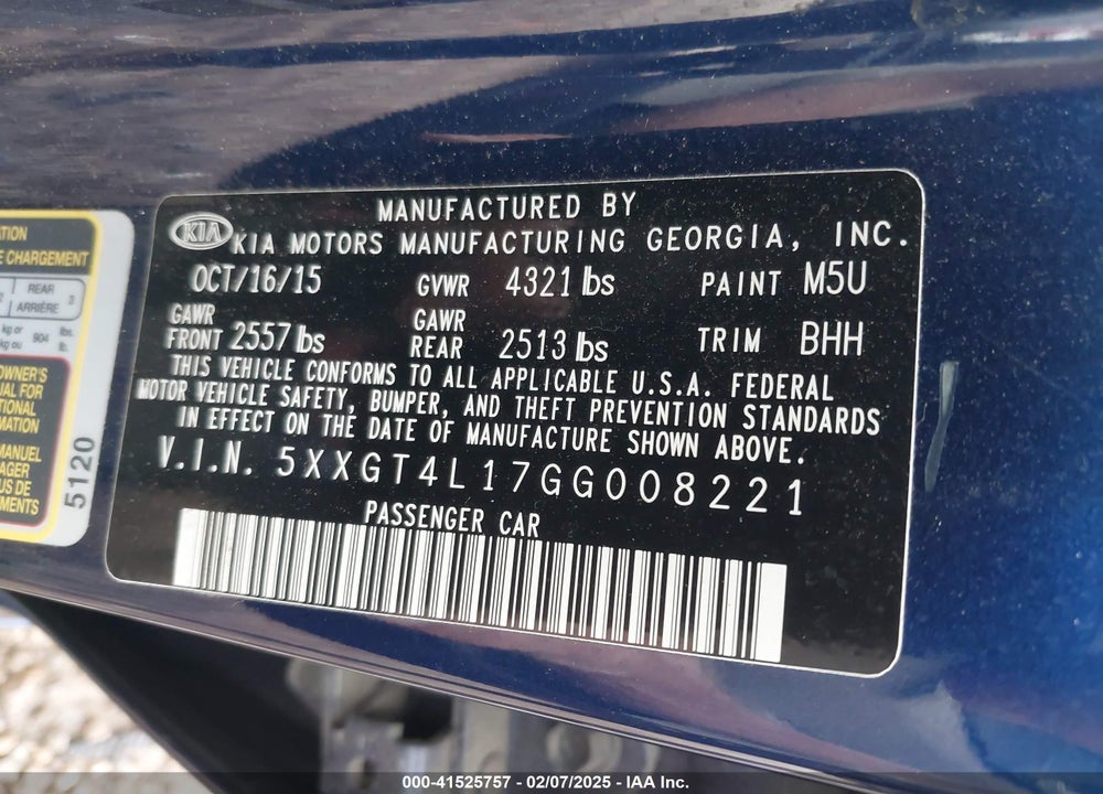 2016 KIA OPTIMA LX TURBO VIN: 5XXGT4L17GG008221