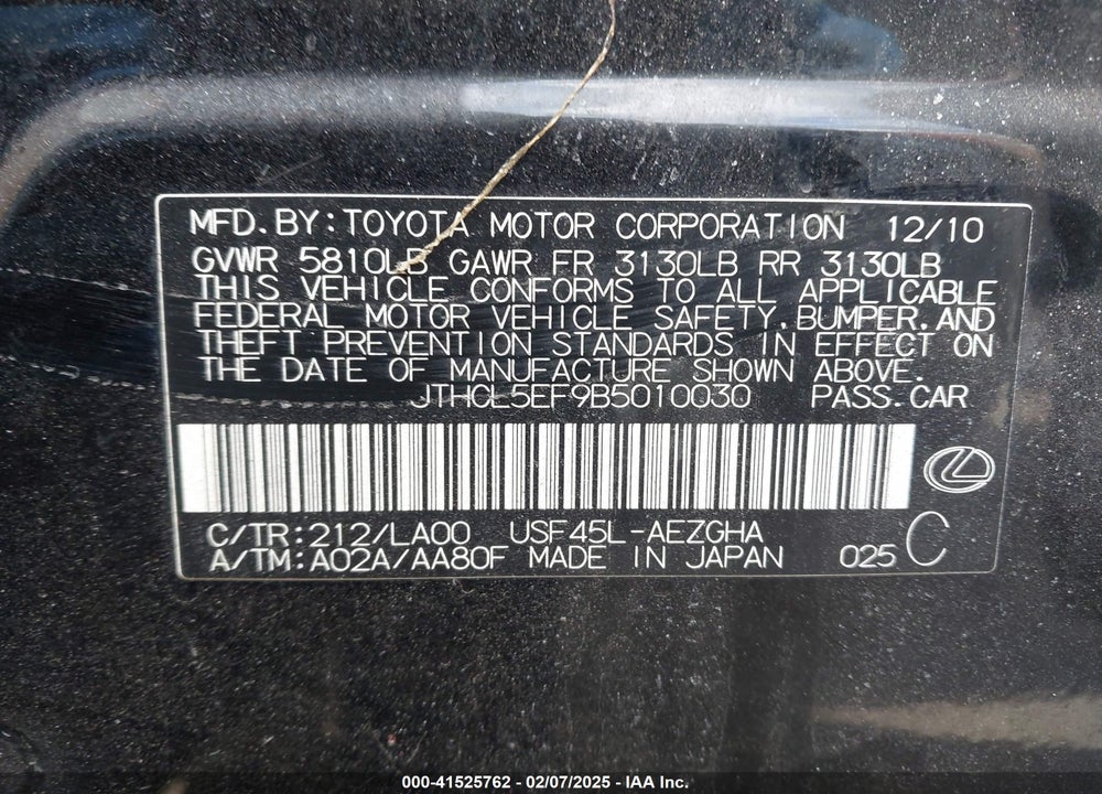 2011 LEXUS LS 460 VIN: JTHCL5EF9B5010030