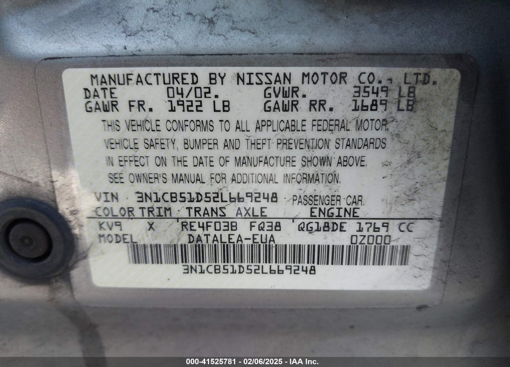 2002 NISSAN SENTRA GXE VIN: 3N1CB51D52L669248
