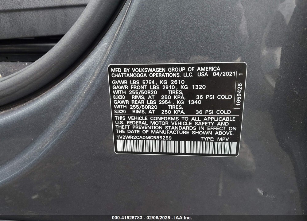 2021 VOLKSWAGEN ATLAS VIN: 1V2WR2CA0MC585259