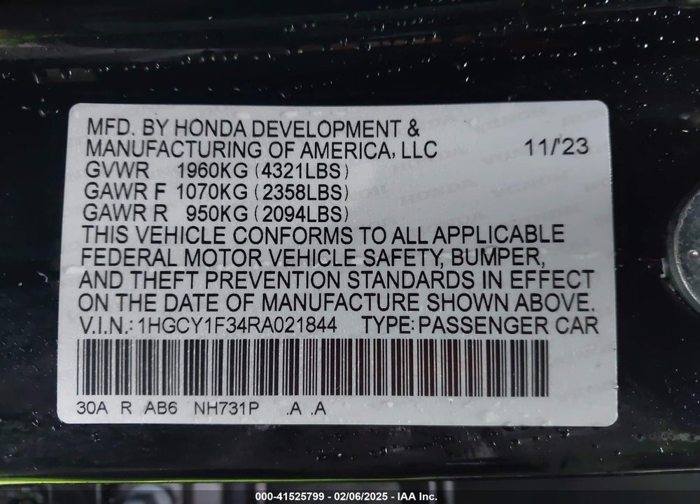 2024 HONDA ACCORD VIN: 1HGCY1F34RA021844
