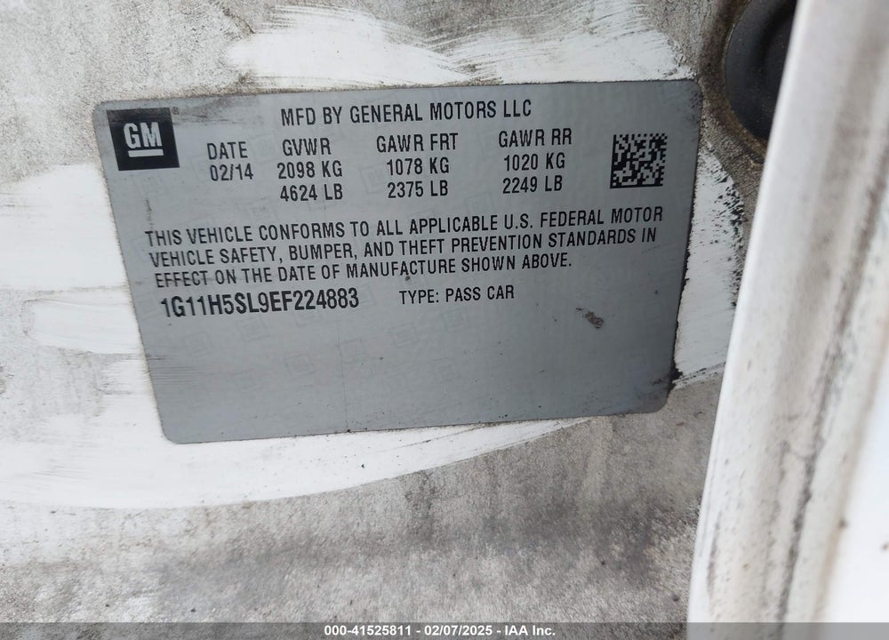 2014 CHEVROLET MALIBU 1LZ VIN: 1G11H5SL9EF224883
