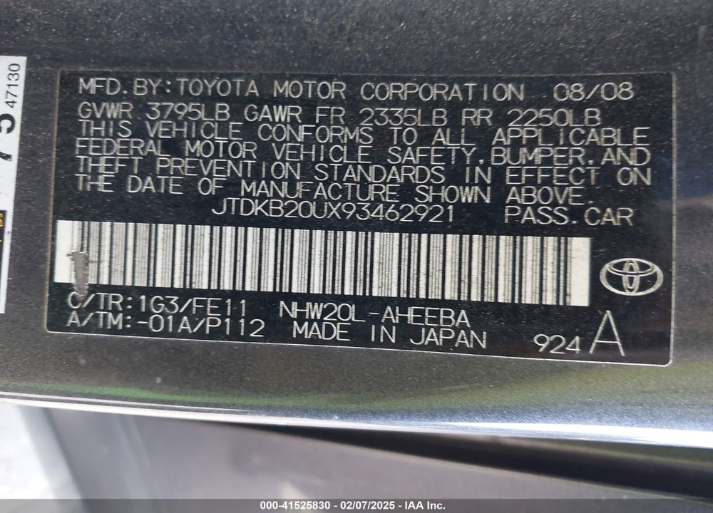 2009 TOYOTA PRIUS VIN: JTDKB20UX93462921