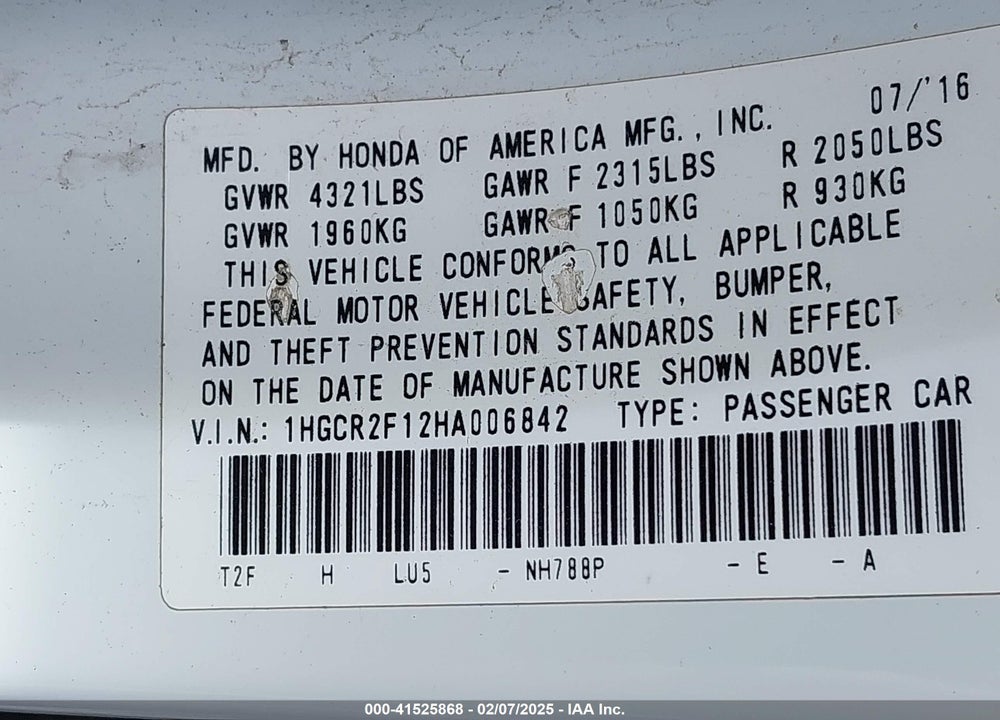2017 HONDA ACCORD VIN: 1HGCR2F12HA006842