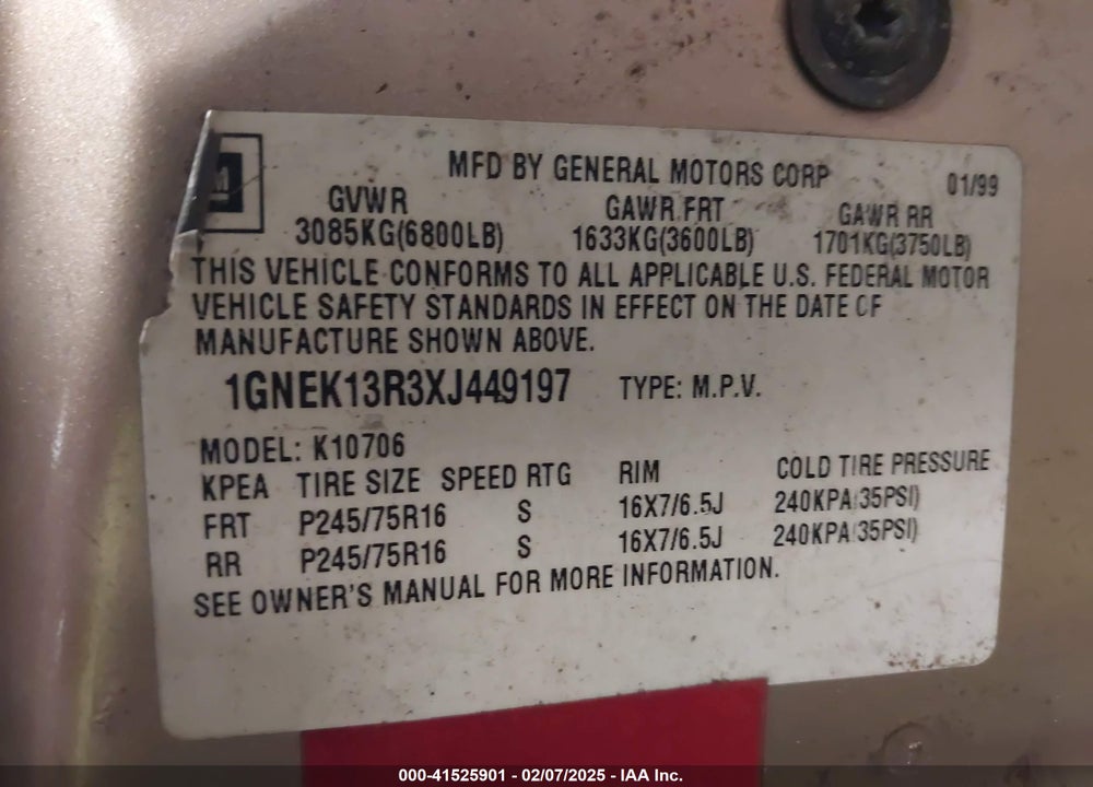 1999 CHEVROLET TAHOE LS VIN: 1GNEK13R3XJ449197