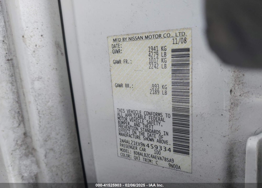 2009 NISSAN ALTIMA VIN: 1N4AL21EX9N459334