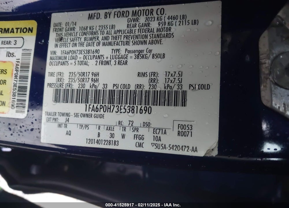 2014 FORD FUSION VIN: 1FA6P0H73E5381690
