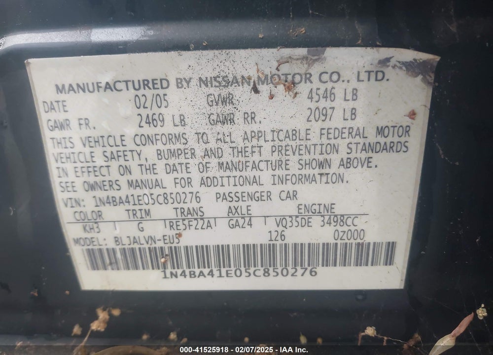 2005 NISSAN MAXIMA 3.5 SL VIN: 1N4BA41E05C850276