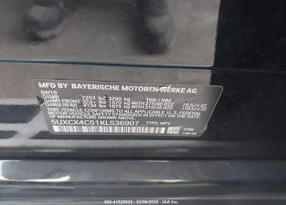 2019 BMW X7 XDRIVE50I VIN: 5UXCX4C51KLS36907