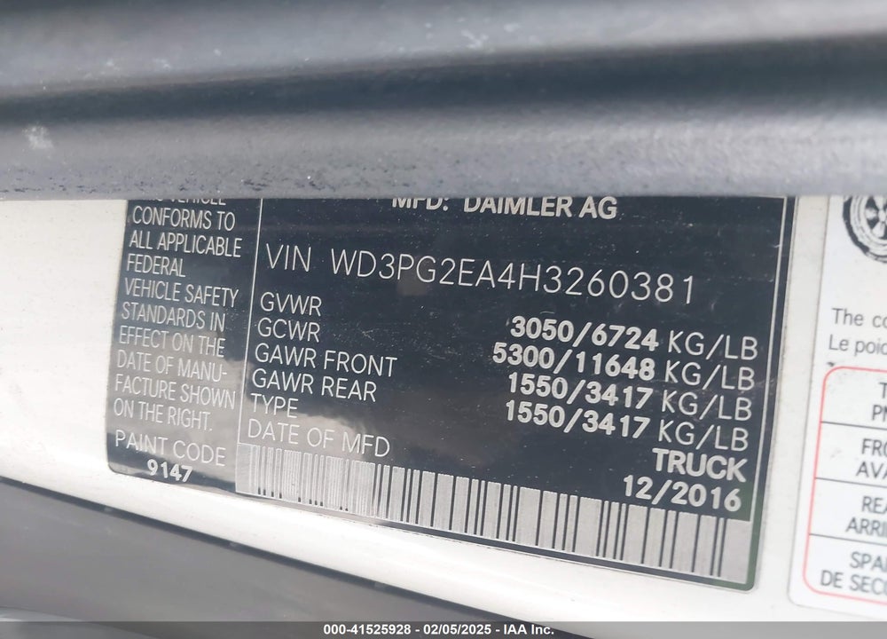 2017 MERCEDES-BENZ METRIS VIN: WD3PG2EA4H3260381