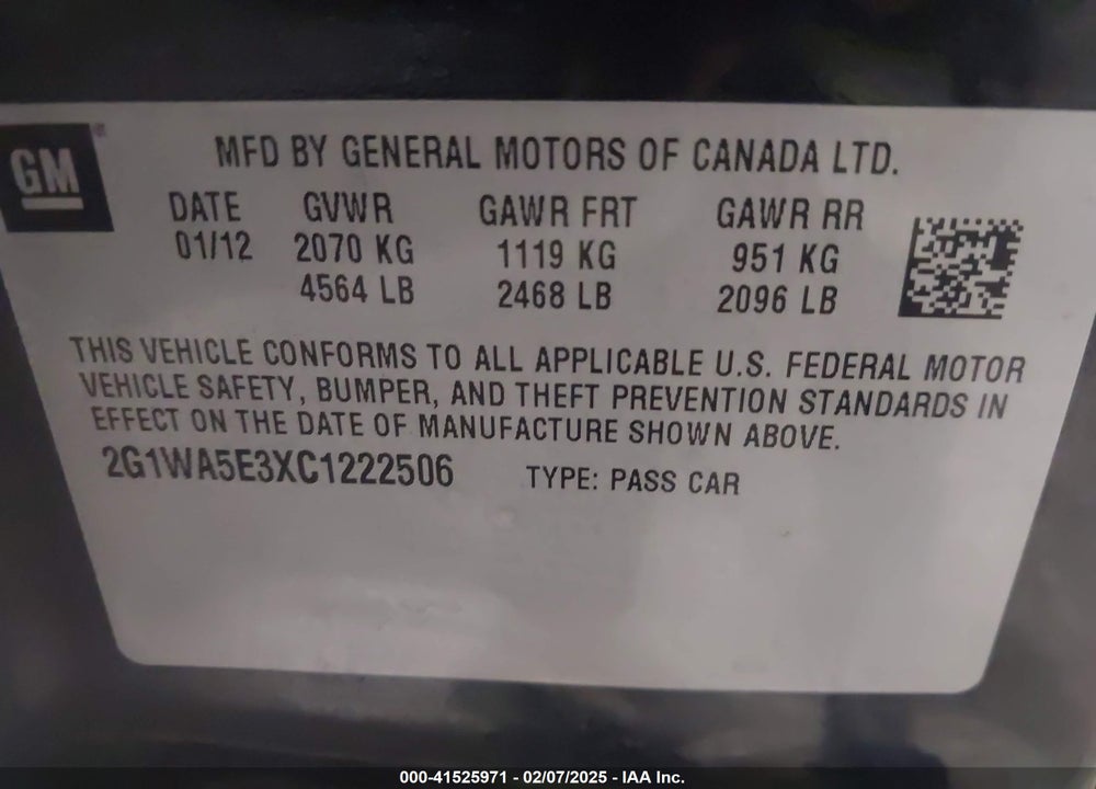 2012 CHEVROLET IMPALA LS VIN: 2G1WA5E3XC1222506