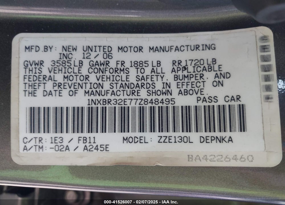 2007 TOYOTA COROLLA S VIN: 1NXBR32E77Z848495