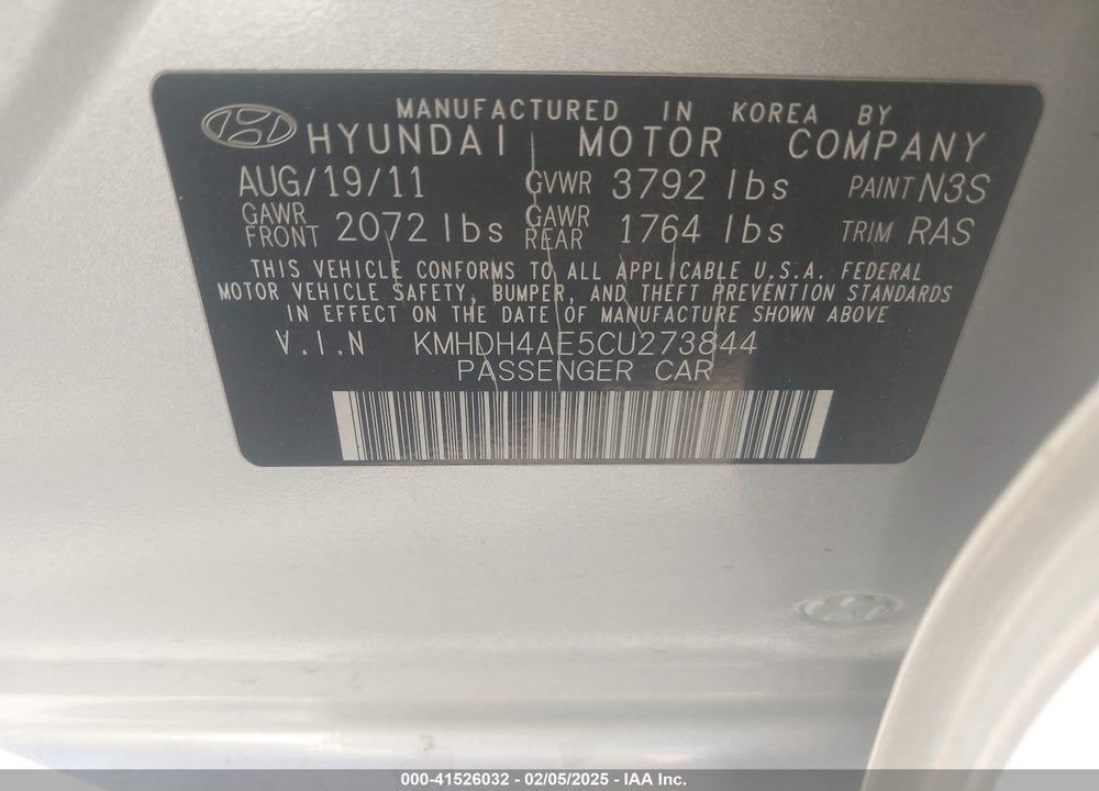 2012 HYUNDAI ELANTRA GLS (ULSAN PLANT) VIN: KMHDH4AE5CU273844