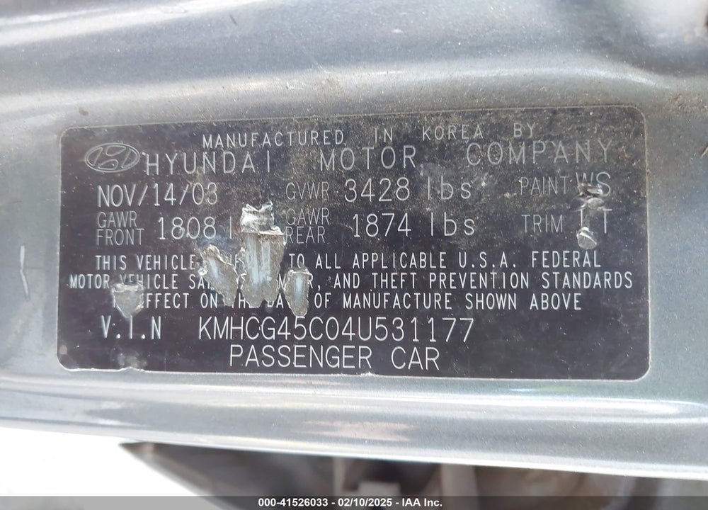 2004 HYUNDAI ACCENT GL VIN: KMHCG45C04U531177
