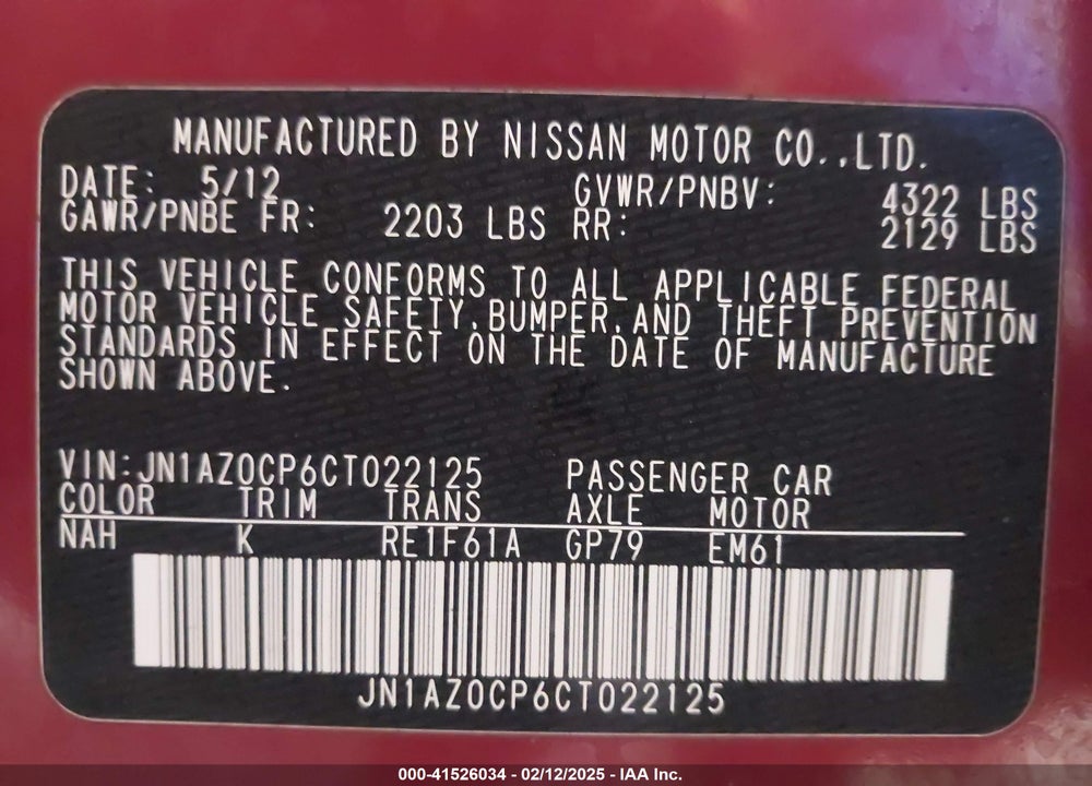 2012 NISSAN LEAF SV VIN: JN1AZ0CP6CT022125