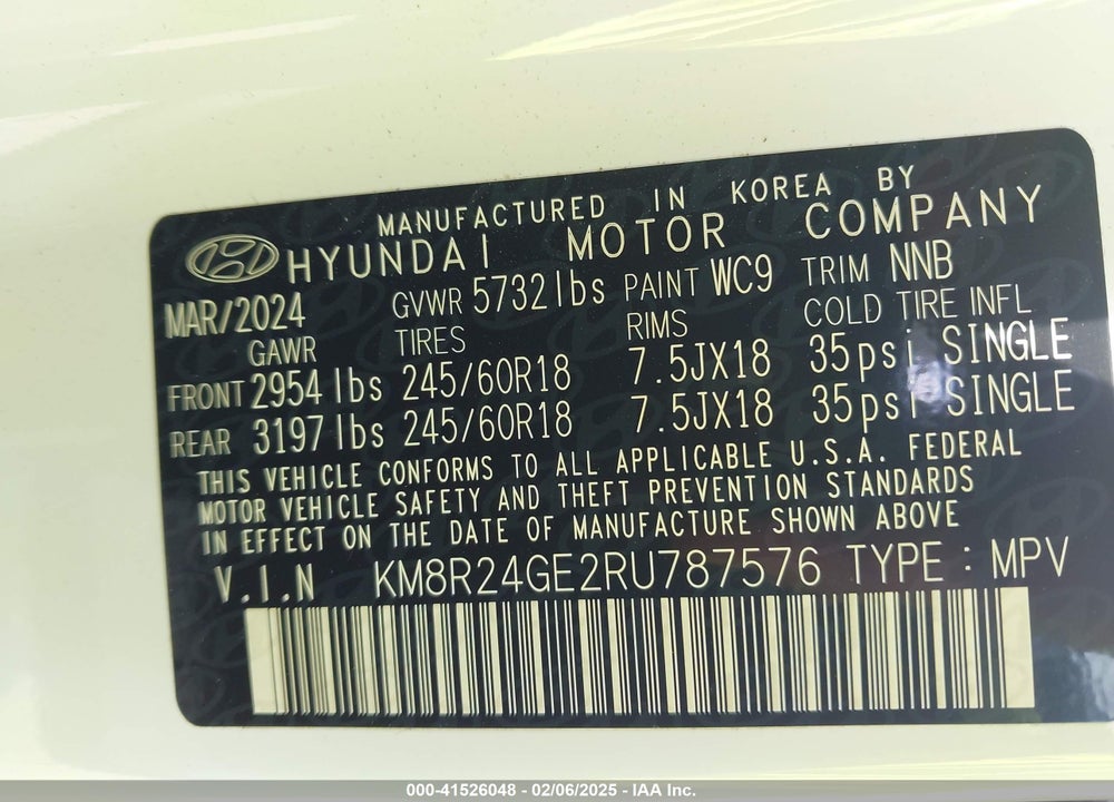 2024 HYUNDAI PALISADE SEL VIN: KM8R24GE2RU787576