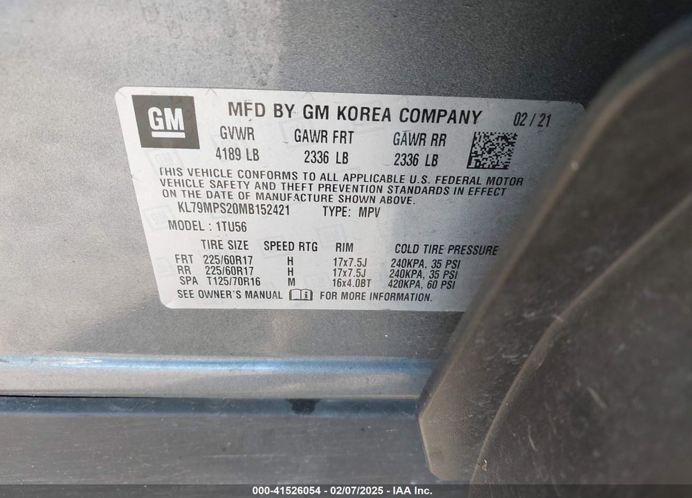 2021 CHEVROLET TRAILBLAZER VIN: KL79MPS20MB152421
