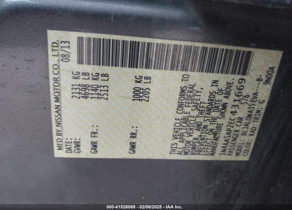 2014 NISSAN MAXIMA VIN: 1N4AA5AP2EC431669