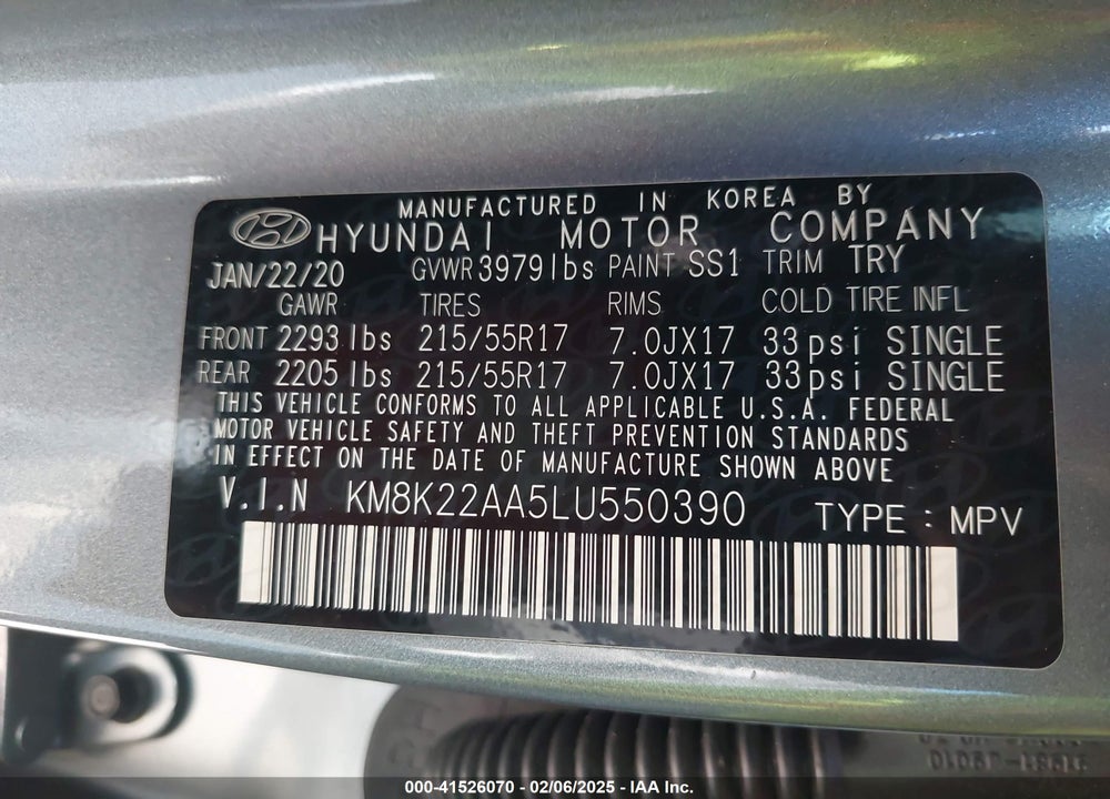 2020 HYUNDAI KONA SEL VIN: KM8K22AA5LU550390