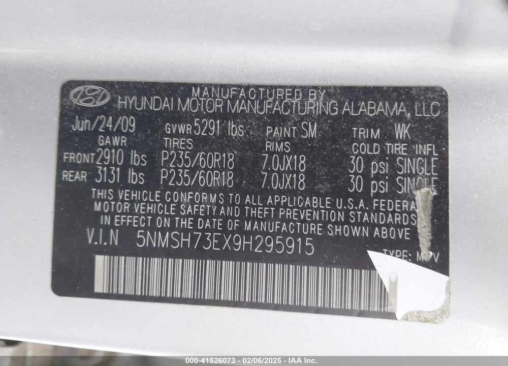 2009 HYUNDAI SANTA FE LIMITED VIN: 5NMSH73EX9H295915