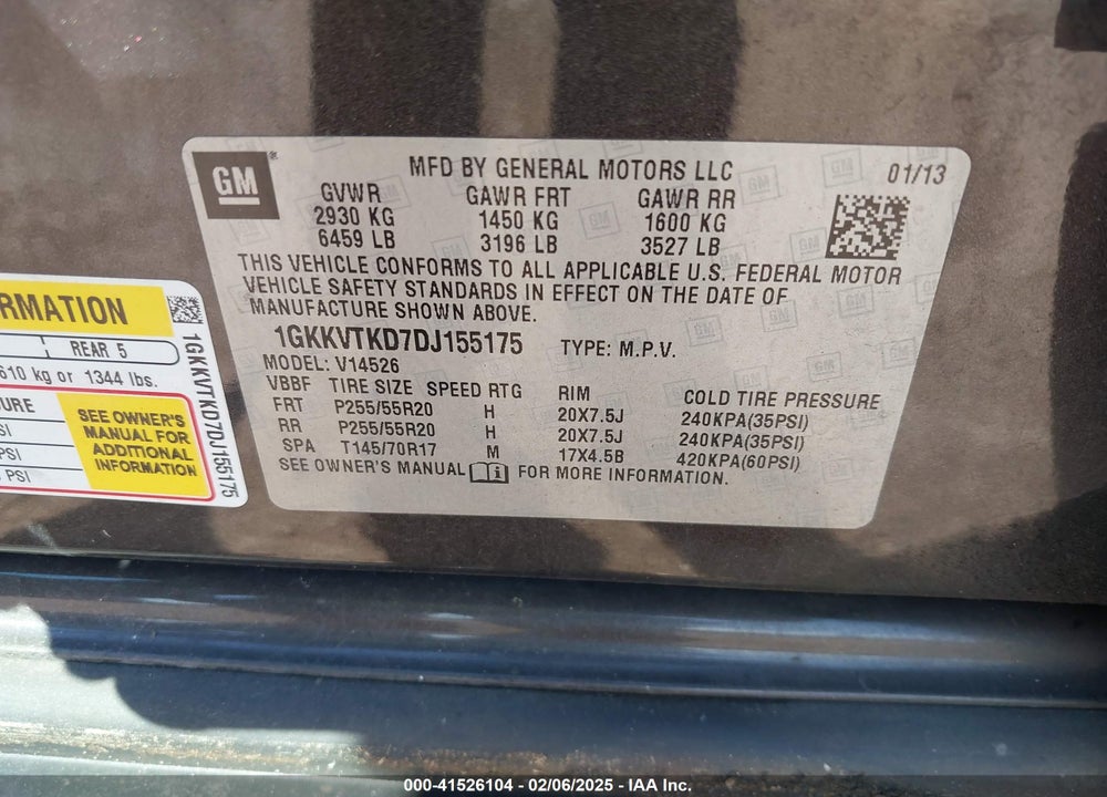 2013 GMC ACADIA DENALI VIN: 1GKKVTKD7DJ155175