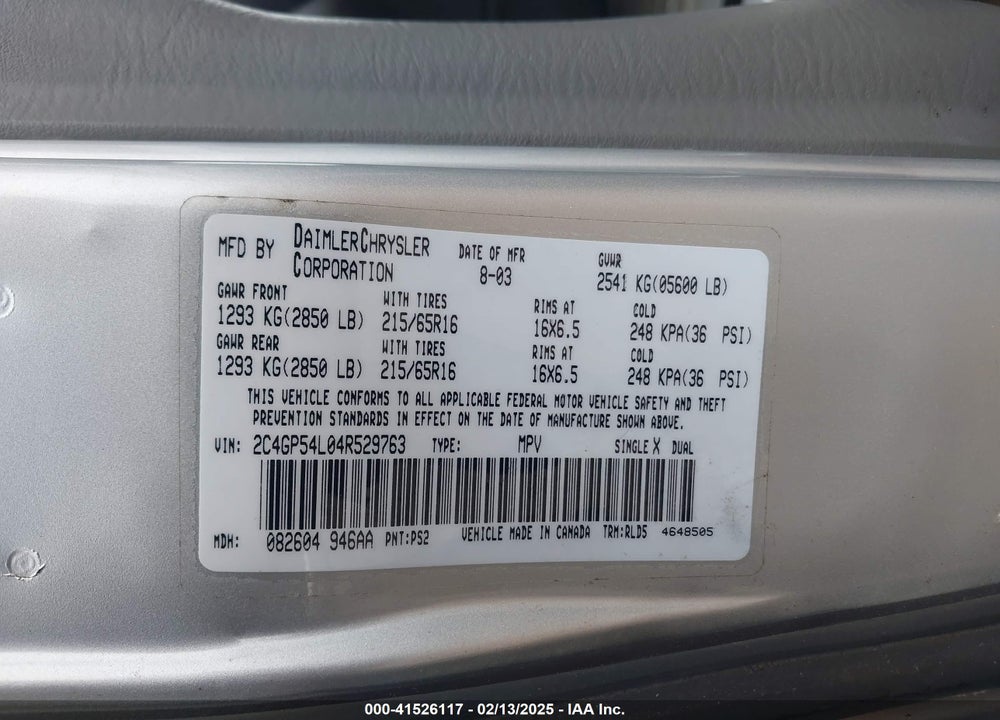 2004 CHRYSLER TOWN & COUNTRY TOURING VIN: 2C4GP54L04R529763