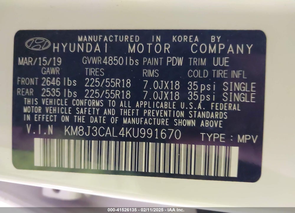 2019 HYUNDAI TUCSON VIN: KM8J3CAL4KU991670