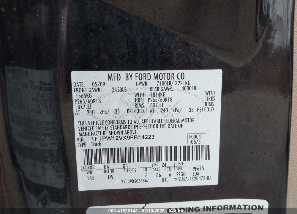 2009 FORD F-150 KING RANCH/LARIAT/PLATINUM/XL/XLT VIN: 1FTPW12VX9FB14223