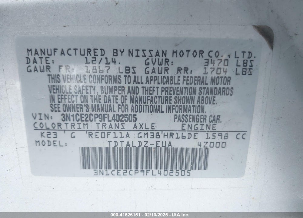 2015 NISSAN VERSA NOTE VIN: 3N1CE2CP9FL402505