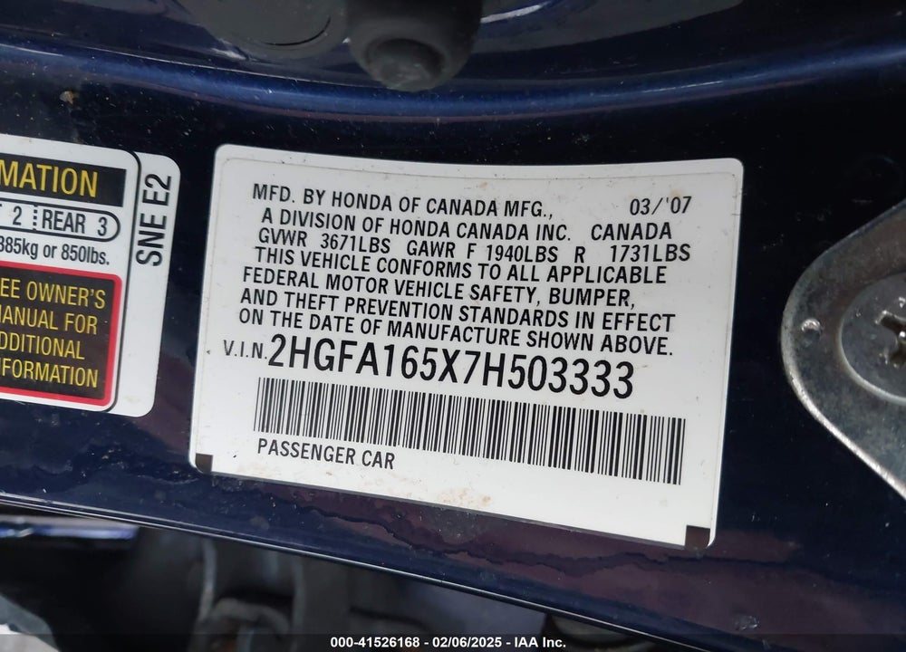 2007 HONDA CIVIC LX VIN: 2HGFA165X7H503333