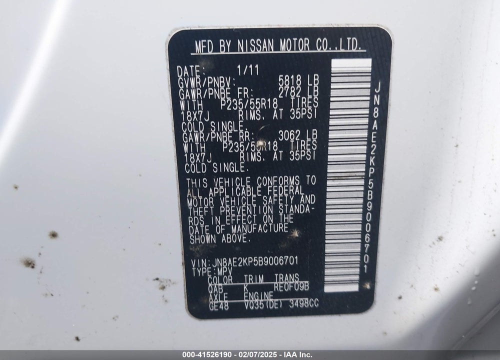 2011 NISSAN QUEST VIN: JN8AE2KP5B9006701