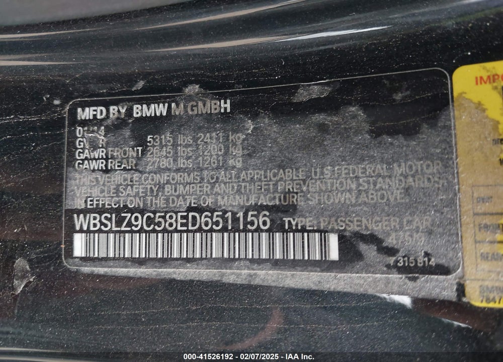 2014 BMW M6 VIN: WBSLZ9C58ED651156
