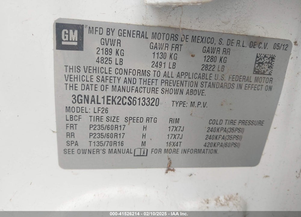 2012 CHEVROLET CAPTIVA SPORT 1LS VIN: 3GNAL1EK2CS613320