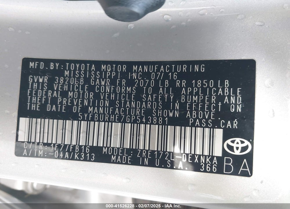 2016 TOYOTA COROLLA VIN: 5YFBURHE7GP543881