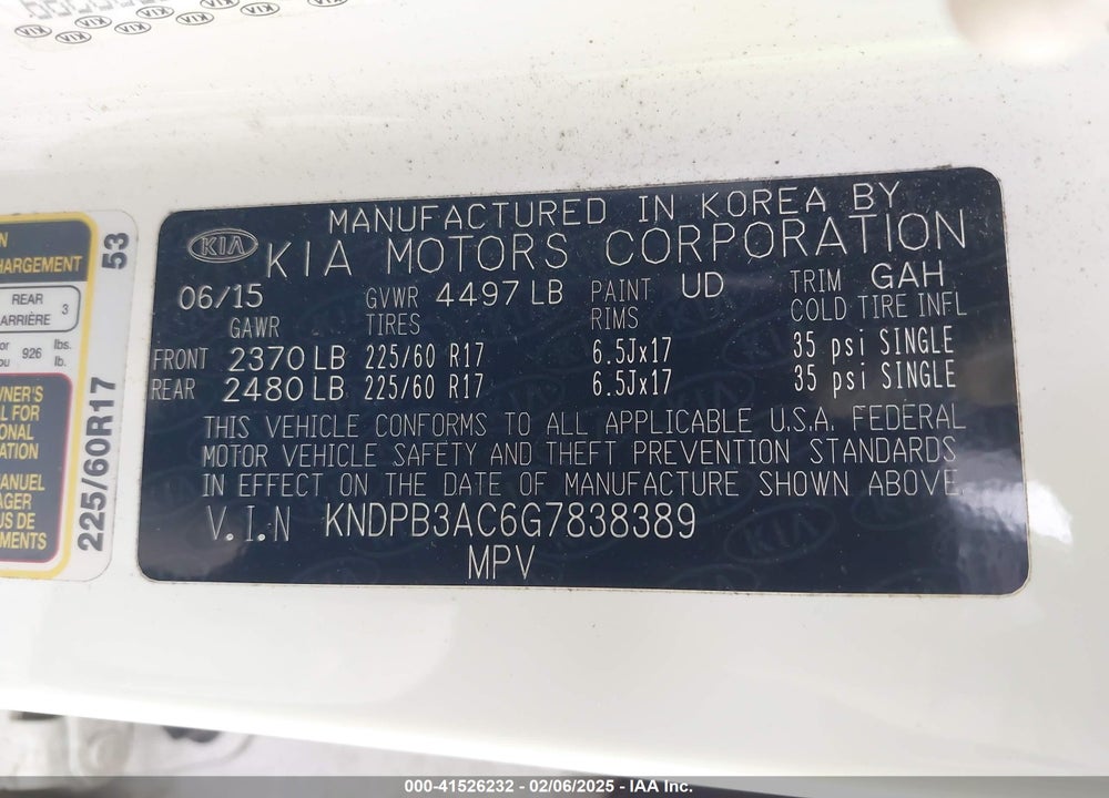 2016 KIA SPORTAGE LX VIN: KNDPB3AC6G7838389