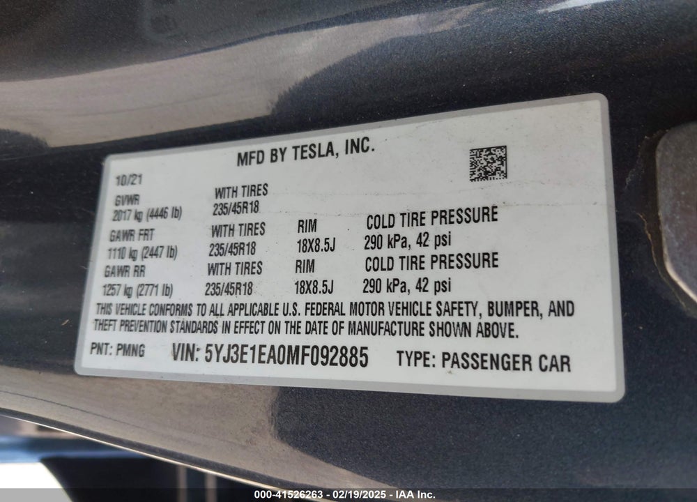 2021 TESLA MODEL 3 STANDARD RANGE PLUS REAR-WHEEL DRIVE VIN: 5YJ3E1EA0MF092885