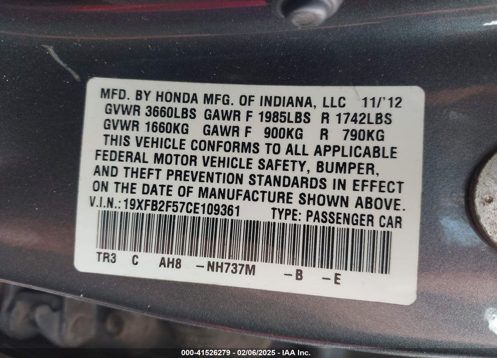 2012 HONDA CIVIC LX VIN: 19XFB2F57CE109361