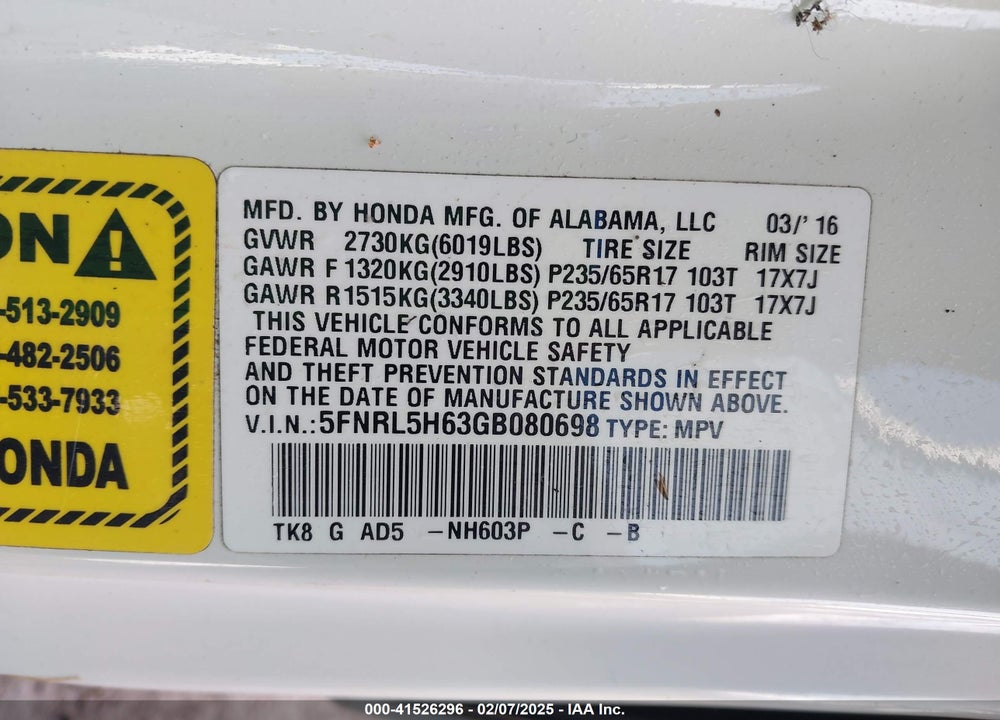 2016 HONDA ODYSSEY EX-L VIN: 5FNRL5H63GB080698