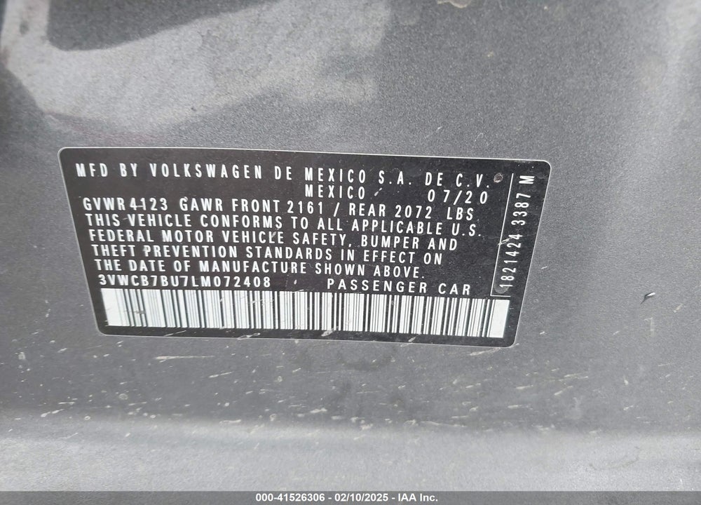 2020 VOLKSWAGEN JETTA VIN: 3VWCB7BU7LM072408