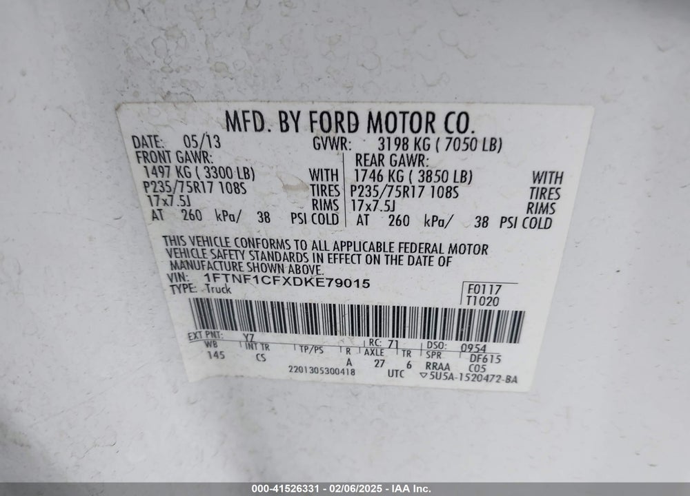 2013 FORD F-150 VIN: 1FTNF1CFXDKE79015