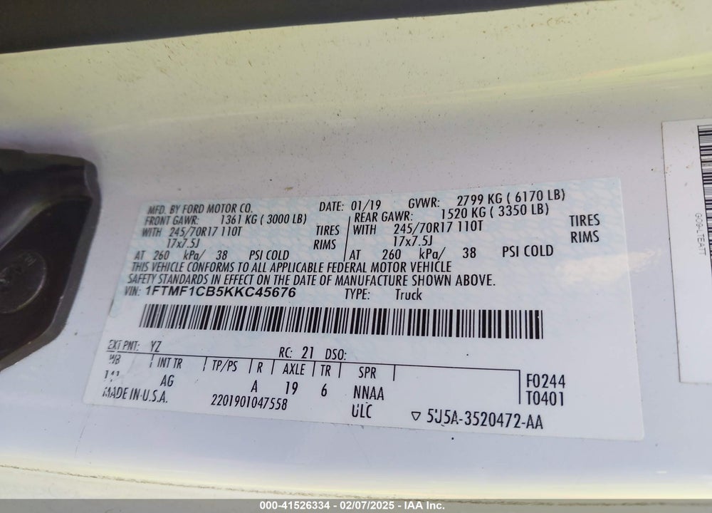 2019 FORD F-150 VIN: 1FTMF1CB5KKC45676