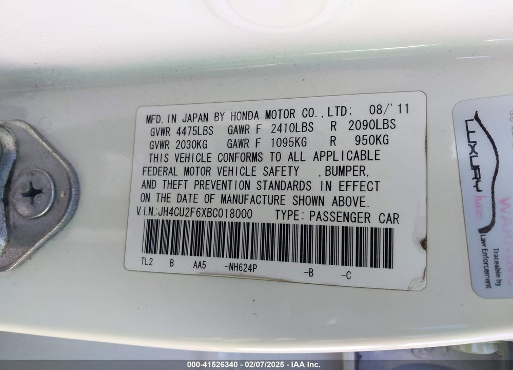 2011 ACURA TSX VIN: JH4CU2F6XBC018000
