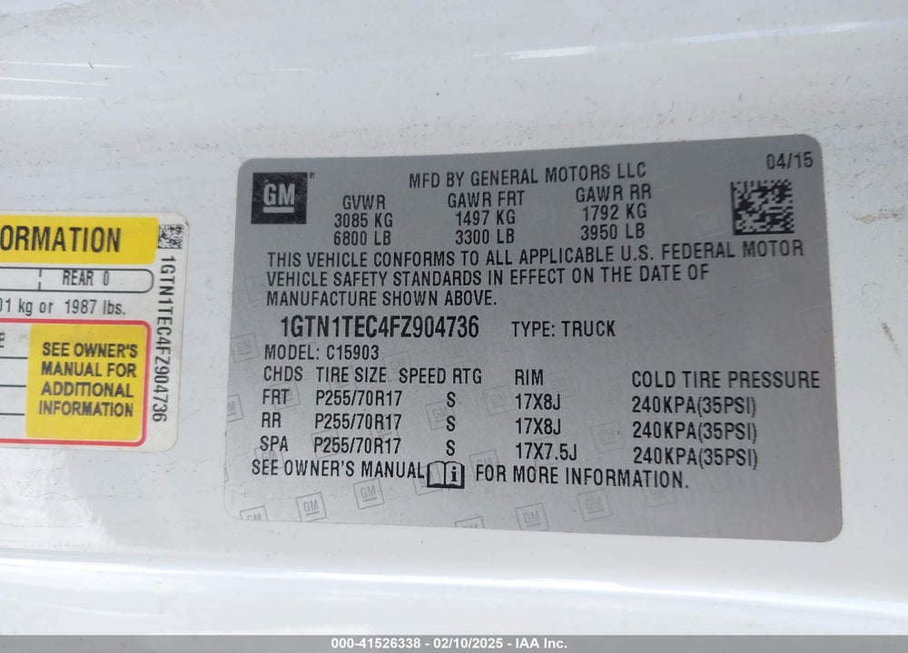 2015 GMC SIERRA 1500 VIN: 1GTN1TEC4FZ904736