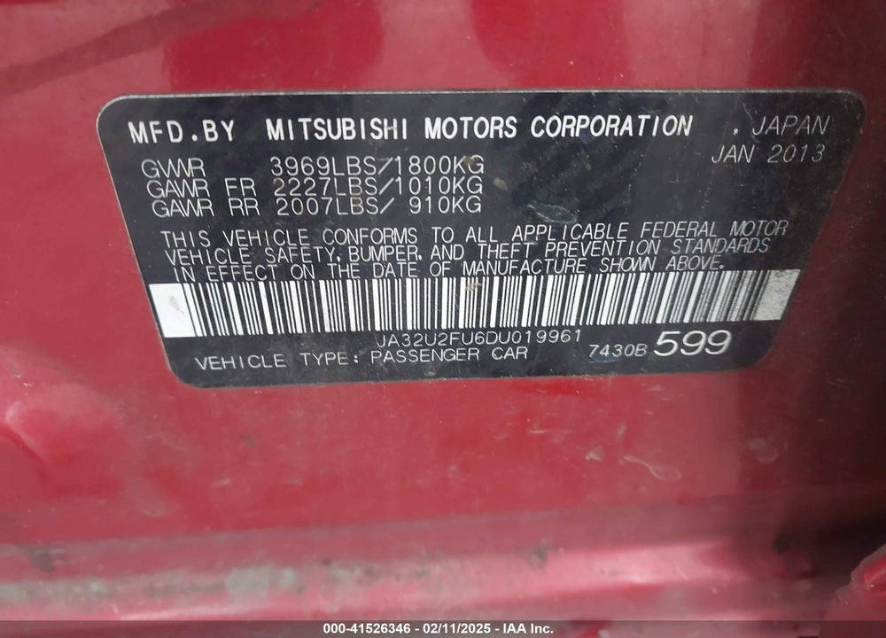 2013 MITSUBISHI LANCER ES VIN: JA32U2FU6DU019961
