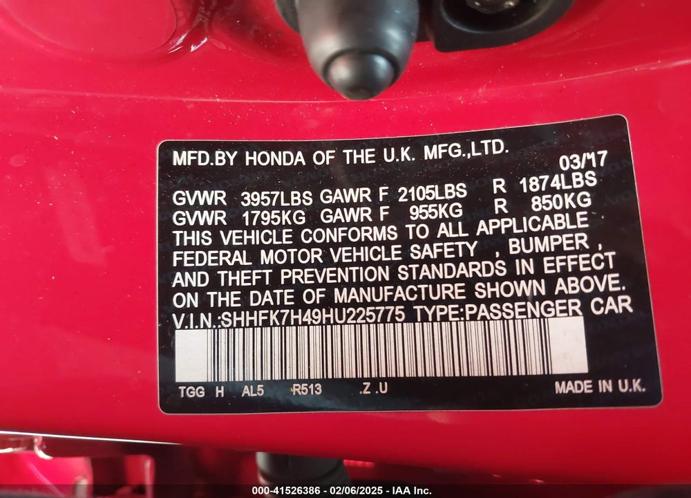 2017 HONDA CIVIC VIN: SHHFK7H49HU225775